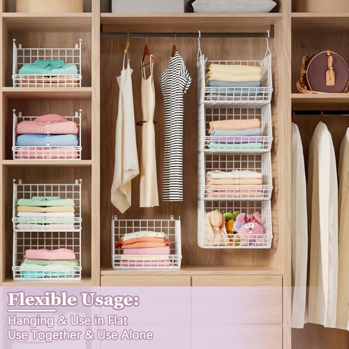 5 Tier Closet Hanging Organizer, Clothes Hanging Shelves with 4 Hanging Hooks 5 S Hooks, Wire Storage Basket Bins, for Clothing Sweaters Shoes Handbags Clutches Accessories Patent Design-White - color: White