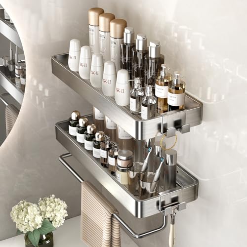 VOLPONE Stainless Steel Wall Mounted Bathroom Shelves - 2-Tier Floating Shelf with Removable Hooks (Brushed Nickel) - color: Brushed Nickel(rectangular)