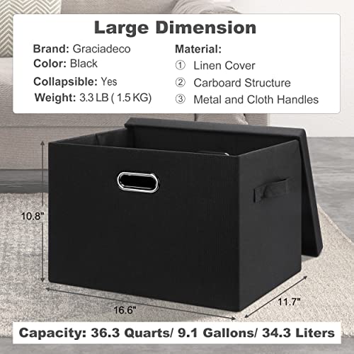 Graciadeco Large 17" 36 Quart Collapsible Stackable Storage Bins with Lids, 5 Packs Black Linen Fabric Closet Boxes with Lids, Storage Cube Baskets Container Organizers for Bedroom Office(17 x12 x11) - color: Black, size: Large -5 Pack