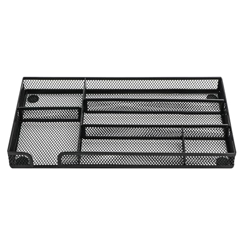 Annova Desk Drawer Organizer Tray for Office Organization - Metal Mesh - Storage Tray with Dividers for Pens, Desktop Accessories, Bathroom, Kitchen, Makeup and Office Supplies (Small, Black) - color: Black, size: Small