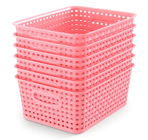 WYT 6-Pack Plastic Small Shelf Storage Weave Baskets Organizing for Cabinets and Pantries, Pink - color: Pink, size: 6-Pack