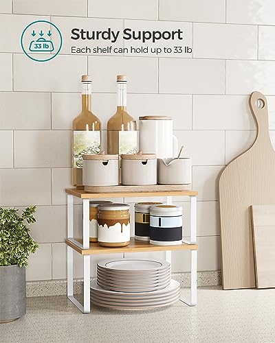 SONGMICS Cabinet Organizer Shelf, Set of 4 Kitchen Counter Shelves, Kitchen Storage, Spice Rack, Stackable, Expandable, Metal and Engineered Wood, Cloud White and Natural Beige UKCS010N01 - color: Cloud White + Natural Beige, size: 11.7"W