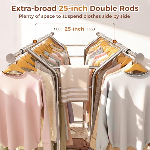 Luxspire Heavy Duty Clothes Rack Load 650 LBS, Double Rod Clothing Racks for Hanging Clothes, Rolling Garment Racks with Lockable Wheels, Shelves, Adjustable Laundry Hanging Rack, Silver - color: Silver