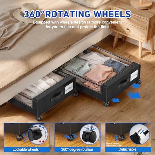 Beborxue Under Bed Storage with Wheels, 4-Pack UnderBed Storage Containers with Clear Lids, XXL 60L Under the Bed Storage Organizer Bins, Rolling Under Bed Metal Drawer for Clothes,Shoes,Toys (Black) - color: 4 Pack-Black