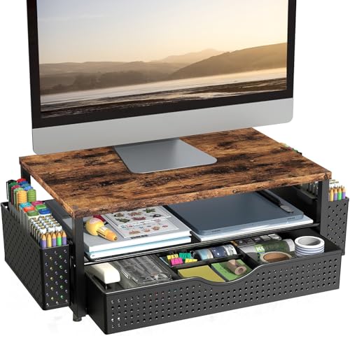 Spacrea Desk Organizer and Accessories, Computer Monitor Stand Riser with Drawer and 2 Pen Holders, Office Desk Accessories & Workspace Organizers for Office Supplies (Wood) - color: Wood