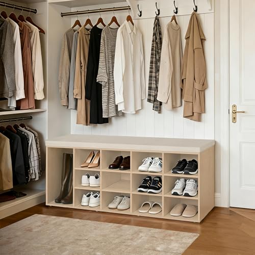 DINZI LVJ Shoe Storage Bench with Cushion, 15-Cubby Shoe Rack, Adjustable Shelves, Long Shoe Organizer Bench for Entryway, Mudroom, Hallway, Living Room, Bedroom and Garage, Natural - color: Natural, size: 15 Cubby