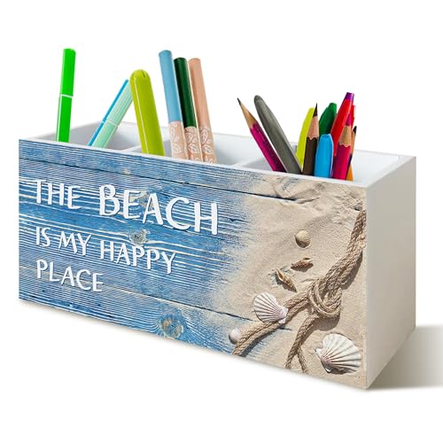 Seashell Coastal Beach Pen Holder for Home Office Kitchen Desk Decor, Beach Wooden Pencil Holder Sign Organizer for Home Office Desk Accessories, Coastal Gifts for Women Men - color: earthy yellow