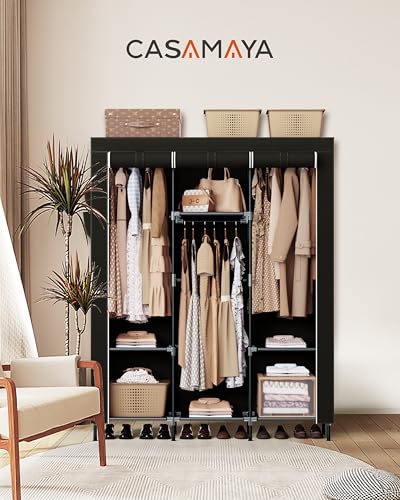 CASAMAYA Portable Closet, 51.2 Inch Large Capacity Wardrobe Closet with Cover, Clothes Storage Organizer with Shelves and 3 Hanging Rods, Easy to Assembly, Black PCT203B01 - size: 51.2"L x 17.7"W x 70.9"H
