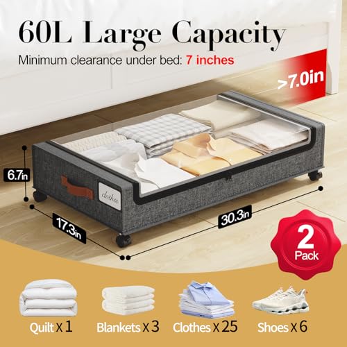 Yecaye Under Bed Storage with Wheels, 2 Pack Under the Bed Storage Containers with Lids & Label, XXL 60L Rolling Underbed Storage Drawers for Clothes, Blankets, Shoes, Hemp Gray - color: Hemp Gray, size: 2 Pack