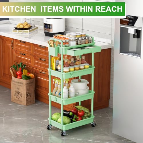 Goovilla 4 Tier Rolling Utility Cart Organizer with Removable Drawer, Stable and Sturdy Green Rolling Storage Carts with 2 Lockable Wheels for Bathroom, Kitchen, Snack, Craft, Makeup, Baby Essentials - size: 4 Tier, style: Green