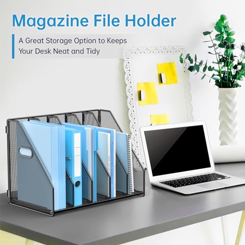 MINDEPOT Desk File Organizer Metal Desk Magazine Folder Holder with 5 Vertical Compartments Rack File Organizer for Office, Home, School, Black - color: Black