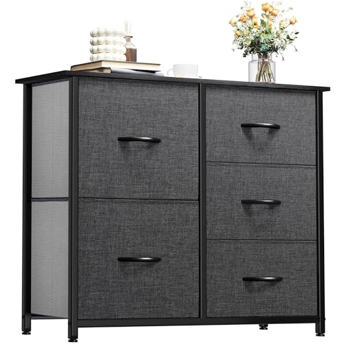 YITAHOME Dresser for Bedroom with 5 Drawers, Wide Bedroom Fabric Dresser with Storage Bins, Clothes Cabinet for Bedroom, Living Room, Hallway, Black Grey - color: Black Ash, style: 5-Drawer
