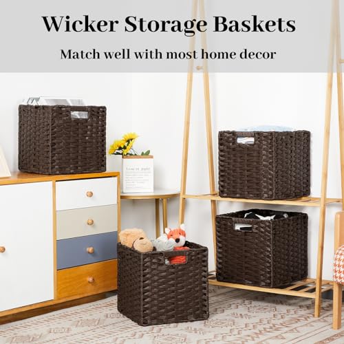 DULLEMELO Wicker Storage Baskets 11x11 Cube Storage Bins for Organizing Plastic Woven Baskets Set of 4 Waterproof Wowen Storage Cube Organizer for Pantry Closet Set of 4 - Deep Coffee - color: Deep Coffee, size: 11"-4 pack