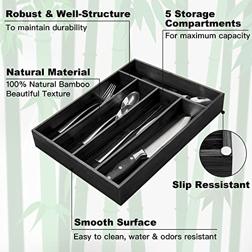 Besilord Bamboo Silverware Holder - Drawer Organizer with 5 Slots (Black) - color: Black, size: 5 Slots