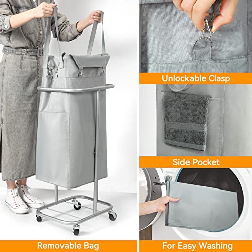 WOWLIVE 100L Rolling Laundry Hamper with Wheels Large Laundry Basket Organizer Laundry Cart with Steel Frame and Removable Bag Foldable Tall Dirty Clothes Hamper Dorm Room Storage for Bedroom (Grey) - color: Grey, size: 100L (17.0×13.0×30.8in)