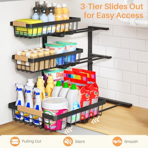 PXRACK Under Sink Organizer, 3-Tier 2-Pack Adjustable Height Pull Out Under Cabinet Organizer, Slide Out Thickened Metal Under Sink Storage for Kitchen Bathroom Laundry Pantry Organization, Black - color: Black