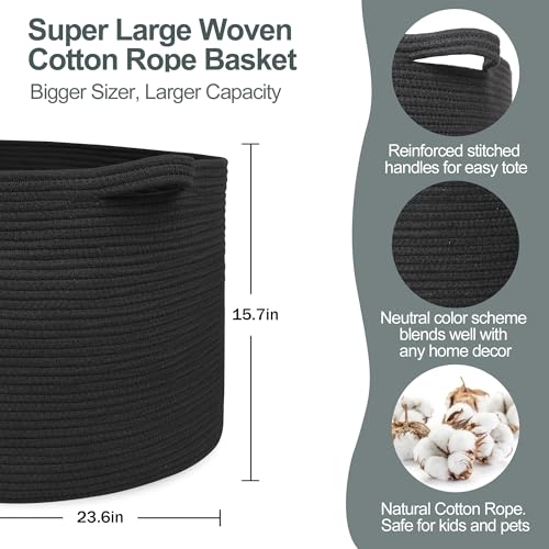 MEGASKET 115L Super Large Black Blanket Basket, 23.6"x15.7" Woven Rope Bin for Storage, Oversized Kids Dog Toy Storage Box Bins, XXXL Blanket Holder for Living Room, Jumbo Wicker Basket for Organizing - color: Black, size: 23.6"x23.6"x15.7"