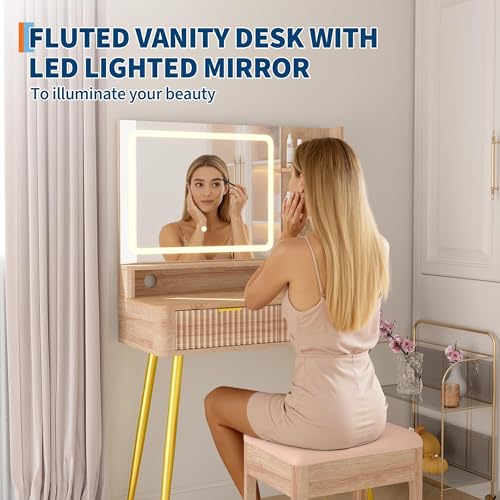 Garvee Makeup Vanity Desk with Mirror and Lights, Fluted Design, 31 in Small Storage Cabinet & 2 Drawers, 3 Lighting Modes, Stylish Dressing Table for Bedroom - color: Wood