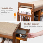 PETKABOO Shoe Bench with Hidden Drawer and Side Holder, 2 Tier Entryway Bench with Storage 39.4 in, Bamboo Shoe Rack with Cushion for Entryway Hallway Living Room Bedroom - size: 39.4 in