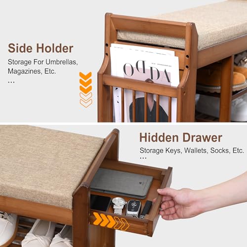 PETKABOO Shoe Bench with Hidden Drawer and Side Holder, 2 Tier Entryway Bench with Storage 39.4 in, Bamboo Shoe Rack with Cushion for Entryway Hallway Living Room Bedroom - size: 39.4 in