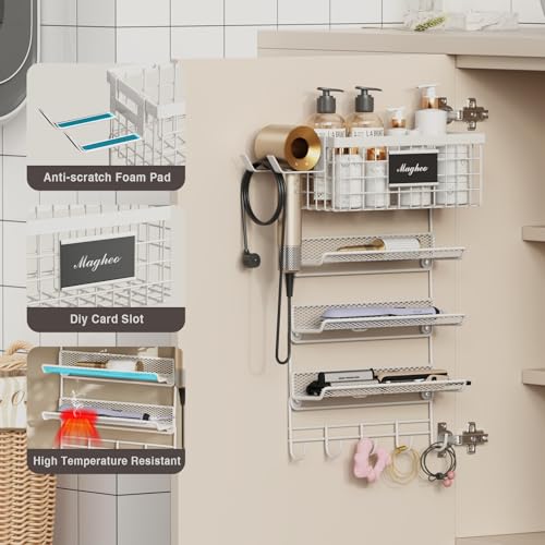 Magheo Hair Dryer Holder Wall Mounted, Adheisve Hair Styling Tool Organizer for hair Brush/Appliance Wall Mount with 5 Tier Shelf Basket Hooks Blow Dryer and Straightener Holder for Bathroom(White) - color: White, size: Wall Mount - 1 Pack (5 Tier)