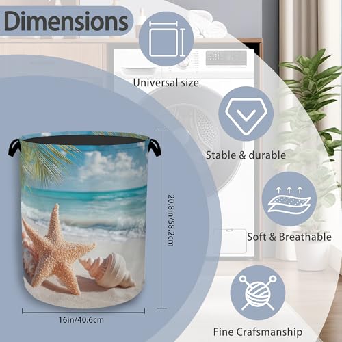 Starfish Shells Laundry Basket,Beach Oxford Cloth Laundry Hamper with Handle Foldable Portable Clothes Storage Basket for Bathroom Bedroom Dorm Room 16" x 20.8" - color: Starfish Shells Beach
