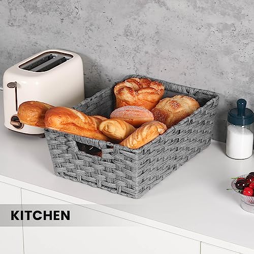 Onlytak Large Wicker Storage Basket, Metal Frame, Set of 2, Washable Waterproof, 15" x 10.3" x 5.2", Grey Color, Woven Basket for Pantry, Toilet, Bathroom, Bedroom, Patio - color: Grey, size: 15" x 10.3" x 5.2"