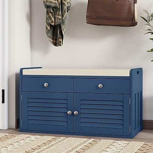 WARMHONIU Shoe Storage Bench with 2 Drawers, Entryway Bench with Cushion, Adjustable Shelves, Shoe Rack Bench with Louvered Doors for Entryway, Bedroom, Hallway, Blue - color: Blue, style: 2 Drawers Storage