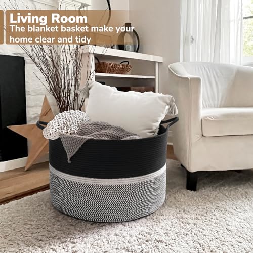 CHICVITA Extra Large Laundry Basket, Woven Rope Blanket Basket for Towels, Clothes, Toy Storage, Pillow Basket for Living Room, Family Room, 22 x 22 x 14 inches, Black - color: Black and Gray