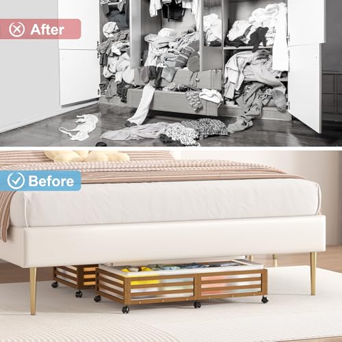 Under Bed Storage Containers With Wheels - 2 Pcs Large Bamboo Wood Rolling Underbed Shoe Storage Bins With Dust Bags for Clothes Blankets, Duvet Covers Snacks Toys (Walnut) - color: Brown, size: L
