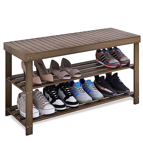 SMIBUY Bamboo Shoe Rack Bench, 3-Tier Shoe Organizer Storage Shelf for Entryway Hallway Bathroom Living Room (Walnut) - color: Walnut, size: 33.86 x 11.23 x 17.9 inches
