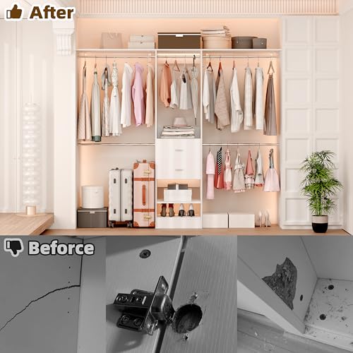 Closet System, Closet Organizer System With 2 Wood Drawers, Walk-In Closet Storage System With 5 Hanging Rods, Adjustable Cloth Garment Rack, Fits Spaces 4 to -9FT, White - color: ‎2 drawer 3 shelve, size: 1 PC
