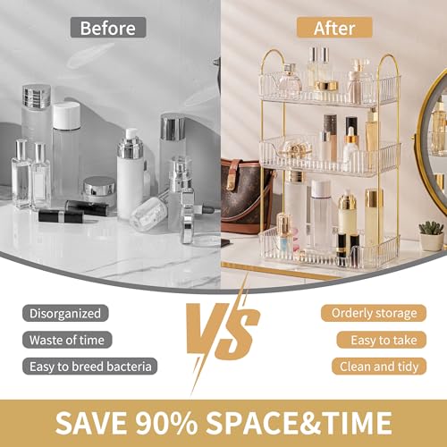 YCIA&DONE Bathroom Organizer Countertop, Makeup Storage, Skincare Cosmetic Tray Shelf, Perfume Holder Rack for Vanity Counter, Large Capacity, Easy to Install, Clean, 3 Tiers, Clear White - color: Clear White, size: 3-Tier