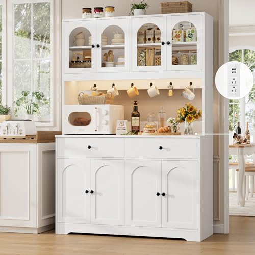 HIFIT 71" LED Kitchen Pantry Cabinet with Power Outlet, Large Kitchen Hutch Storage Cabinet with Arched Door & Shelves & 2 Drawers, Tall Modern Coffee Bar with Hutch for Home Dining Living Room, White - color: White
