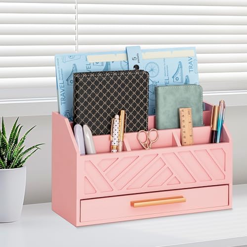 dreampossible Pink Wood Desk Organizer and Accessories with Drawer, Bill Mail Organizer and File Mail Holder for Office Supplies, Modern Desk Accessories & Workspace Organizers for Desk Organization - color: Pink A