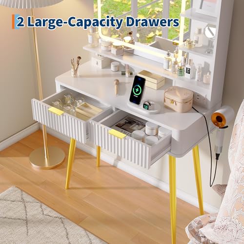 Garvee Fluted Vanity Desk with Mirror and Lights, 31 in Small Makeup Vanity Storage Cabinet & 2 Drawers, 3 Lighting Modes, Stylish Dressing Table for Bedroom - color: Light White