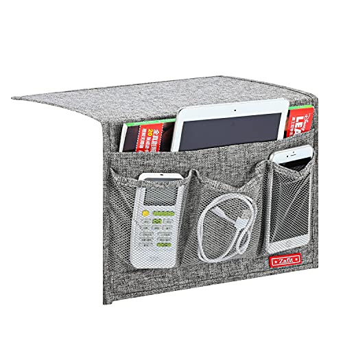 Zafit Linen 4 Pockets Bedside Caddy, Bedside Storage Organizer for Magazine, Remotes, Phone (Classic Grey) - color: Grey, size: Classic 4 Pockets