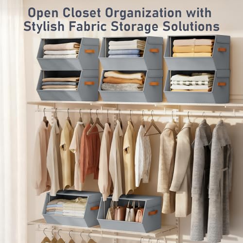Stackable Closet Organizers and Storage Bins, Open Front Closet Shelf Organizer System With Steel Frame, Clothes Storage Basket Fabric, Collapsible Closet Drawers for Wardrobe, Nursery ,Toy, 6 Pack - color: Grey, size: 11.4 x 12.6 x 9.8. - 6 Pack