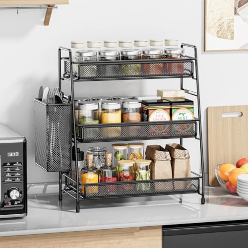 EKNITEY Bathroom Countertop Organizer Shelf - 3 Tier Counter Spice Rack Metal Makeup Rack Small Coffee Station Organizer for Sink/Bedroom/Living room/Kitchen/Office - color: Black with Basket