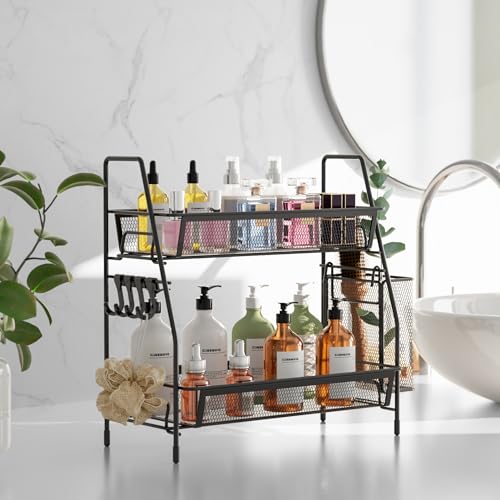 VITVITI 2-Tier Bathroom Organizer Countertop, Metal Wire Mesh Bathroom Counter Organizer Storage with Basket Hooks, Vanity Tray Shelf, Kitchen Spice Rack, Small Black - color: Small Black Wire Mesh