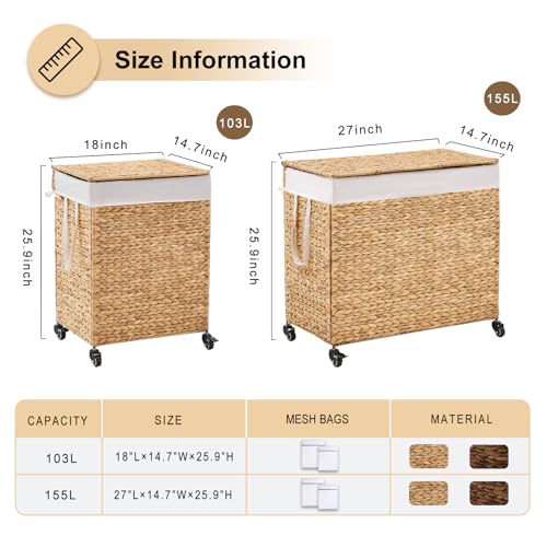 2-Section Laundry Hamper with Lid, Large Capacity Woven Natural Water Hyacinth Laundry Sorter with Removable Liners, Rolling or Non-Slip Design for Bedroom(Natural, 100L) - color: Natural, size: 2-Section