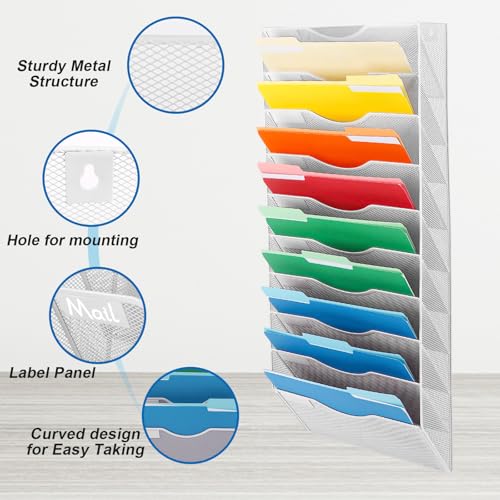 EASEPRES 10 Pocket Mesh Hanging Wall File Organizer, Wall Mounted Mail Paper Document Folder Holder, Clipboard Storage Organization Magazine Rack with Nametag Label for Office Home School, White - color: White, size: 10 Tier