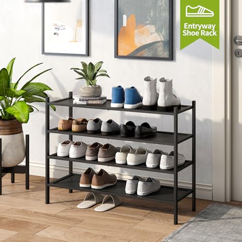 BMOSU 4-Tier Bamboo Extended Shoe Rack Premium Stackable Shoe Shelf Storage Organizer for Hallway Closet Living Room Entryway Organizer(Black) - color: Black, size: 4-Tier Long（33.3*11*25.2inches）