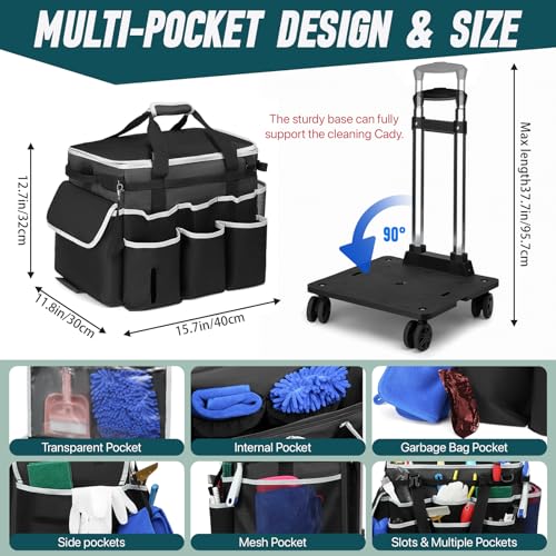 Large Rolling Cleaning Caddy Bag with Detachable Trolley, Full Support Plates for Professional Cleaning Supplies Bag, Organizer Bag with 4 Universal Wheels for Housekeepers, Car Wash - color: Gray