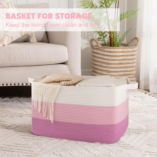 OIAHOMY Extra Large Blanket Basket, 95L Cotton Rope Woven Laundry Basket, Toy Bin for Baby Room, Container for Blanket Storage in Living Room, 24''×17''×14'', Gradient Pink - color: Gradient Pink, size: 95L