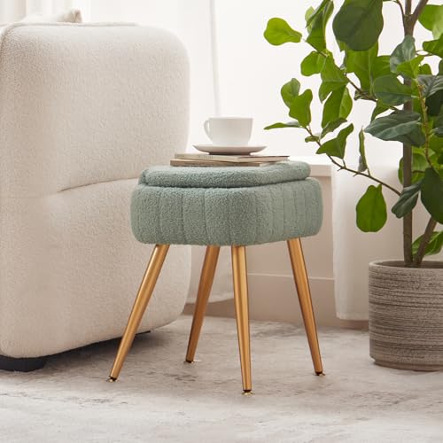 Updated Vanity Chair, Storage Ottoman with Folding Back & Gold-Toned Metal Legs, Ottoman Seat with Teddy Velvet for Dressing Room Living Room Bedroom, 15" x 12" Inch - color: Green, size: 15" x 12"