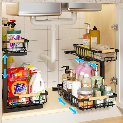 REALINN Under Sink Organizer, 2 Pack Height Adjustable Under Sink Organizers and Storage, 2 Tier Pull Out Drawer Cabinet Storage for Kitchen Bathroom - color: Black, size: 2 Pack
