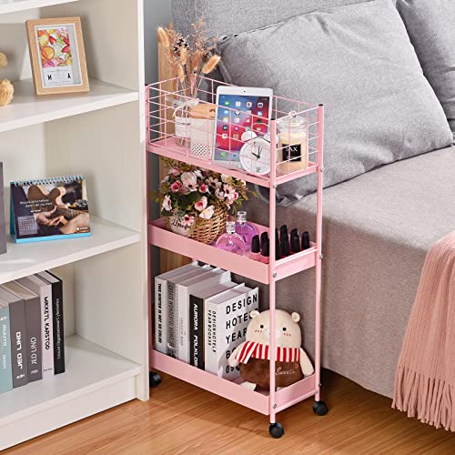 KINGRACK Slim Rolling Storage Cart 3 Tier - Heavy Duty Metal Utility Cart with Raised Edge & Wheels, Narrow Small Mobile Organizer Shelves for Bathroom, Kitchen, Laundry, Office, Living Room, Pink - color: Pink, size: 3-Tier