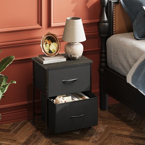 WLIVE Black Night Stand, Small Dresser with 2 Drawers & Wooden Top, Nightstand with Fabric Bins, Bedside Table End Table for Bedroom, Closet, Entryway, College Dorm, Charcoal Black - color: Black, size: 11.8"D x 15.7"W x 20.9"H