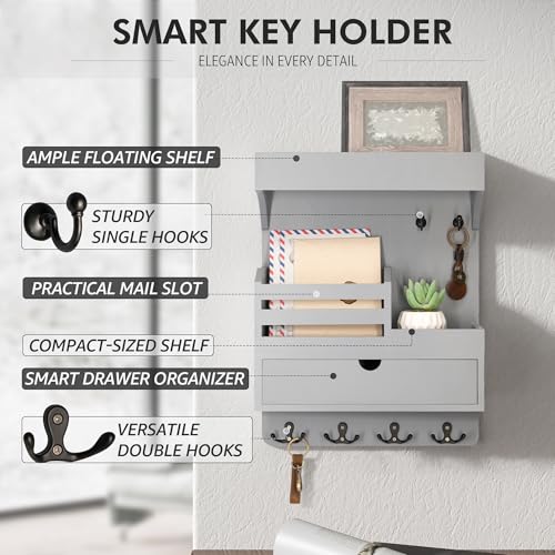 Rebee Vision Wooden Key Holder Wall Mount with Drawer Organizer – Modern Mail and Key Organizer for Wall Featuring 6 Robust Hooks & a Floating Shelf – Trendy Home Decor Solution (Gray) - color: Gray, style: Large Drawer